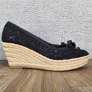 Tory Burch‎ Black Lace Espadrille Wedge Heels Platform Shoes Women's 10.5B